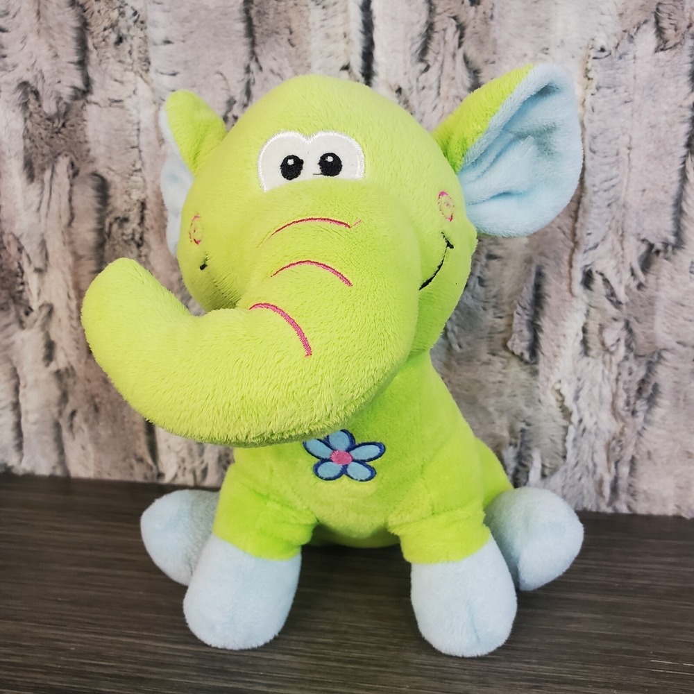 NEN Lime Green Elephant Plush With‎ Embroidered Flower On Chest Smiling 9"